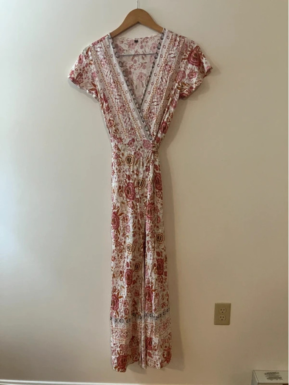 Floral Maxi Dress M Cream Pink Rust Border Print Cotton V Neck Boho Prairie